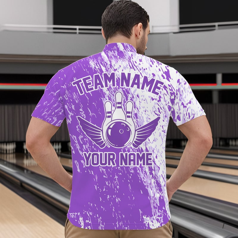 Personalized White And Purple Bowling Team Quarter-Zip Shirts For Men, Bowling Tournament Outfits IPHW8744