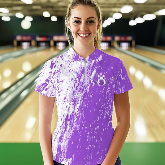 Personalized White And Purple Bowling Women Quarter-Zip Shirt, Bowling Tournament Outfits IPHW8744