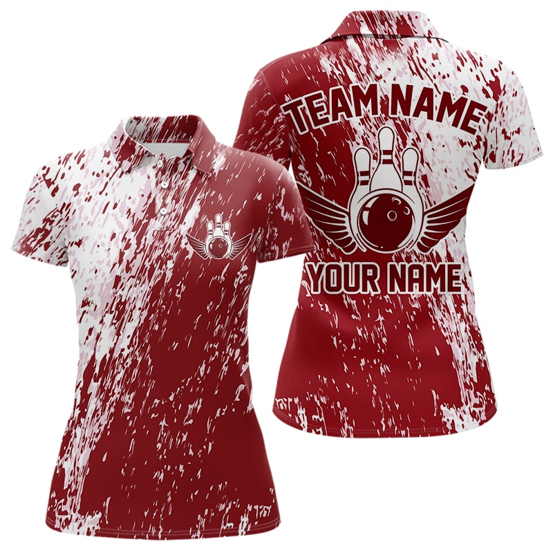Personalized White And Brick Red Bowling Team Womens Polo Shirt, Bowling Tournament Outfits IPHW8746