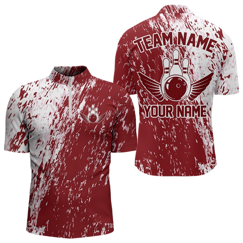 Personalized White And Brick Red Bowling Team Men Quarter-Zip Shirts, Bowling Tournament Outfits IPHW8746