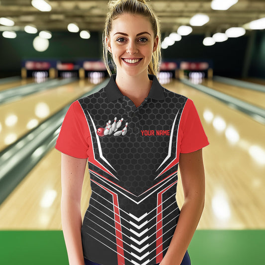 Custom Black And Red Eagle Bowling Jerseys, Bowling Team Women Polo Shirts Bowlers Outfits IPHW8748