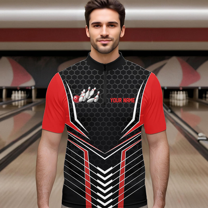Custom Black And Red Eagle Bowling Jerseys, Bowling Team Men Quarter-Zip Shirts Bowlers Outfits IPHW8748