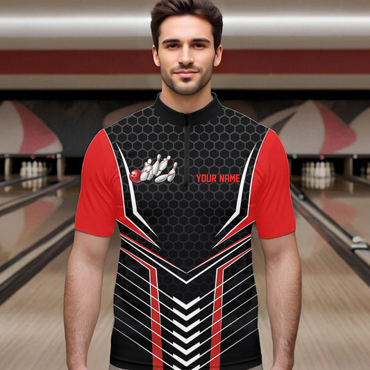 Custom Black And Red Eagle Bowling Jerseys, Bowling Team Men Quarter-Zip Shirts Bowlers Outfits IPHW8748