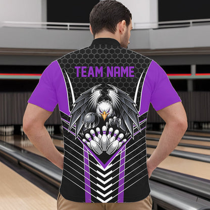 Custom Black And Purple Eagle Bowling Jerseys, Bowling Team Men Quarter-Zip Shirts Bowlers Outfits IPHW8749