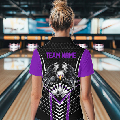 Custom Black And Purple Eagle Bowling Jerseys, Bowling Team Women Quarter-Zip Shirts IPHW8749