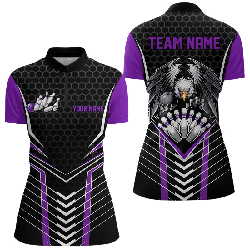 Custom Black And Purple Eagle Bowling Jerseys, Bowling Team Women Quarter-Zip Shirts IPHW8749