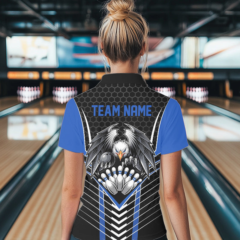 Custom Black And Blue Eagle Bowling Jerseys, Bowling Team Women Polo Shirts Bowlers Outfits IPHW8750