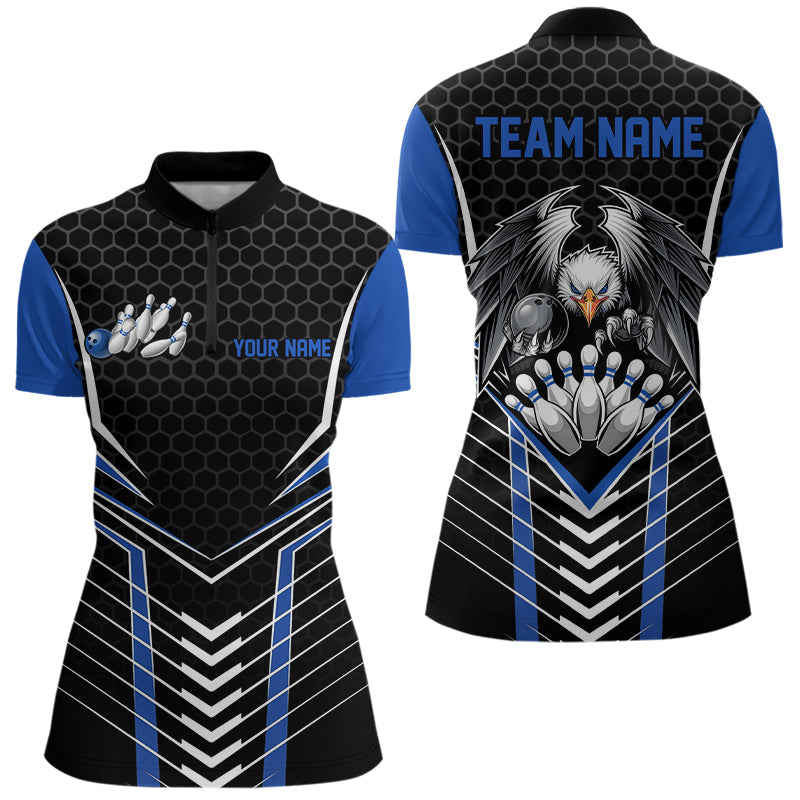 Custom Black And Blue Eagle Bowling Jerseys, Bowling Team Women Quarter-Zip Shirts IPHW8750