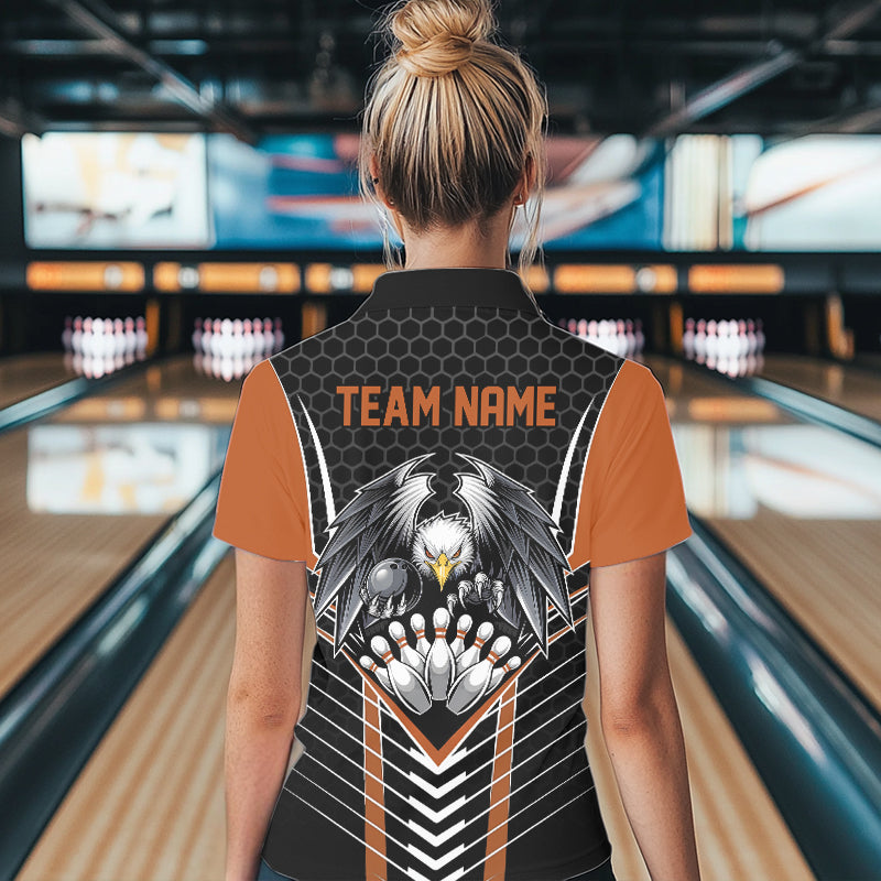 Custom Black And Orange Eagle Bowling Jerseys, Bowling Team Women Polo Shirt Bowlers Outfit IPHW8751