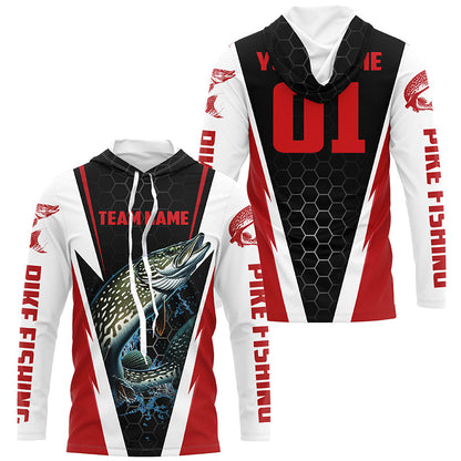 Pike Fishing Long Sleeve Tournament Shirts For Fishing Team With Custom Name And Number | Red IPHW6241