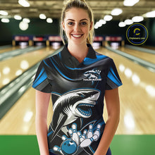 Load image into Gallery viewer, Custom Black And Blue Shark Bowling Team Polo Shirts For Women, Bowling League Shirt IPHW9003