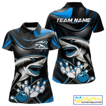 Load image into Gallery viewer, Custom Black And Blue Shark Bowling Team Polo Shirts For Women, Bowling League Shirt IPHW9003