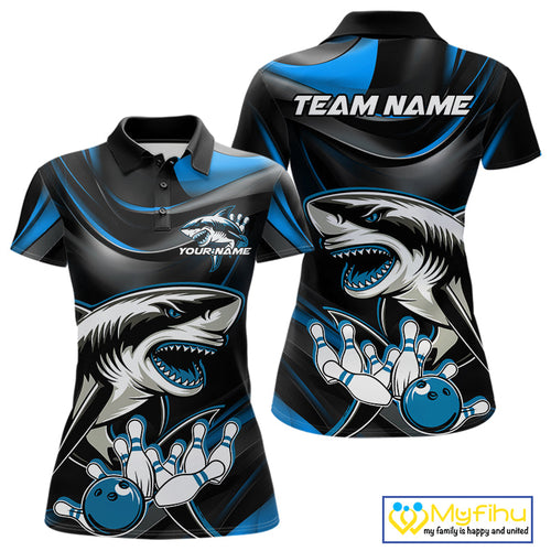 Custom Black And Blue Shark Bowling Team Polo Shirts For Women, Bowling League Shirt IPHW9003