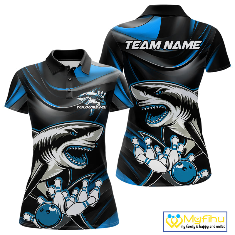 Custom Black And Blue Shark Bowling Team Polo Shirts For Women, Bowling League Shirt IPHW9003