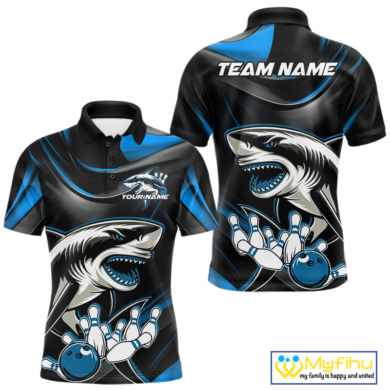 Custom Black And Blue Shark Bowling Team Polo Shirts For Men, Bowling League Shirt IPHW9003
