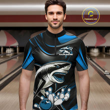 Load image into Gallery viewer, Custom Black And Blue Shark Bowling Team Quarter-Zip Shirts For Men, Bowling League Shirt IPHW9003