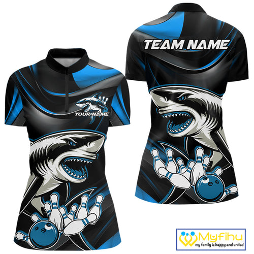 Custom Black And Blue Shark Bowling Team Women Quarter-Zip Shirt, Bowling League Shirt IPHW9003
