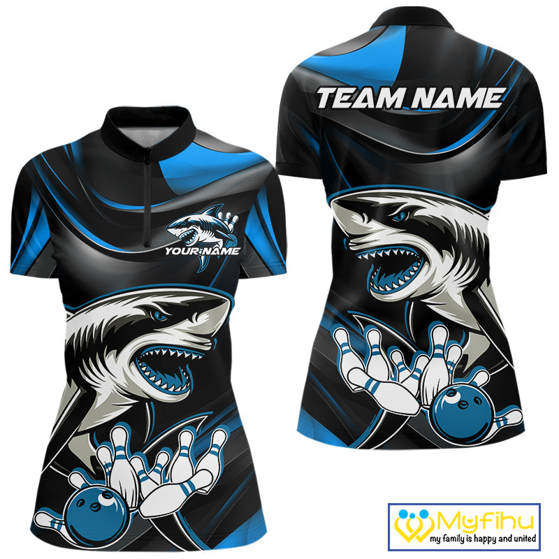 Custom Black And Blue Shark Bowling Team Women Quarter-Zip Shirt, Bowling League Shirt IPHW9003
