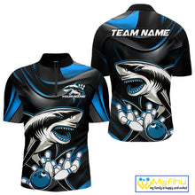 Load image into Gallery viewer, Custom Black And Blue Shark Bowling Team Quarter-Zip Shirts For Men, Bowling League Shirt IPHW9003