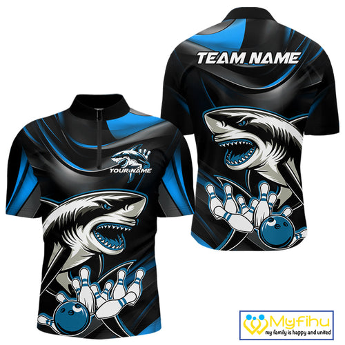 Custom Black And Blue Shark Bowling Team Quarter-Zip Shirts For Men, Bowling League Shirt IPHW9003