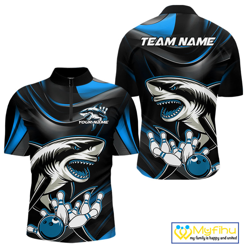 Custom Black And Blue Shark Bowling Team Quarter-Zip Shirts For Men, Bowling League Shirt IPHW9003