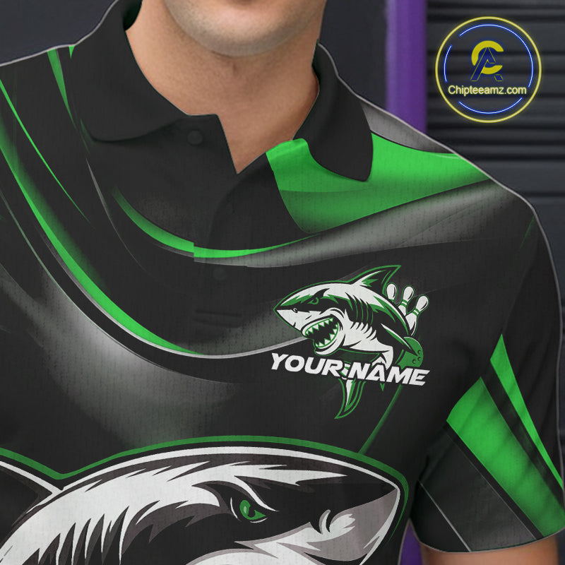 Custom Black And Green Shark Bowling Team Polo Shirts For Men, Bowling League Shirt IPHW9004
