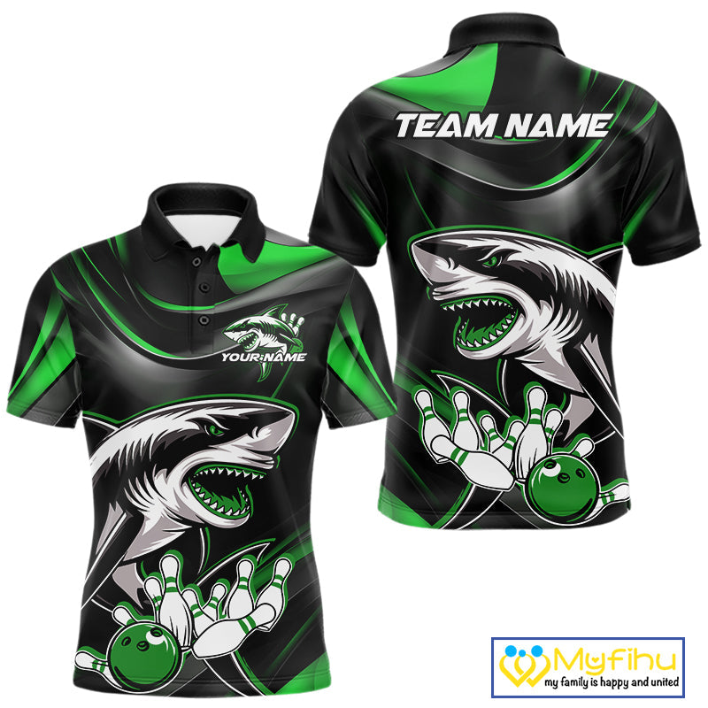Custom Black And Green Shark Bowling Team Polo Shirts For Men, Bowling League Shirt IPHW9004