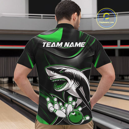 Custom Black And Green Shark Bowling Team Quarter-Zip Shirts For Men, Bowling League Shirt IPHW9004