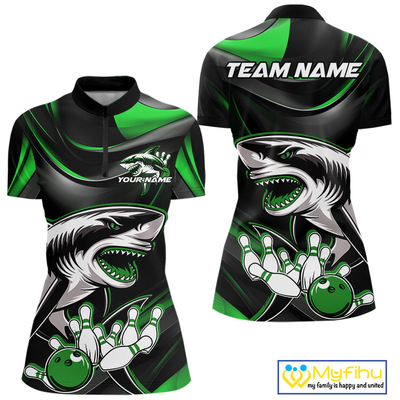 Custom Black And Green Shark Bowling Team Women Quarter-Zip Shirt, Bowling League Shirt IPHW9004