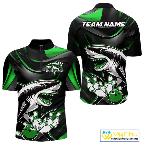 Custom Black And Green Shark Bowling Team Quarter-Zip Shirts For Men, Bowling League Shirt IPHW9004