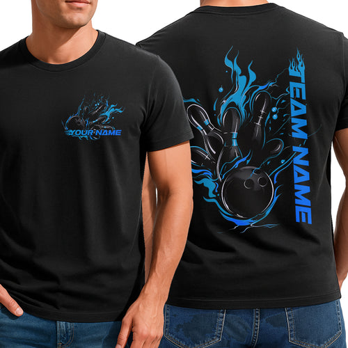 Custom Black And Blue Flame Strike Bowling T-Shirts For Men, Team Uniform IPHW9055