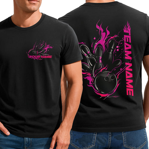 Custom Black And Pink Flame Strike Bowling T-Shirts For Men, Team Outfit IPHW9056