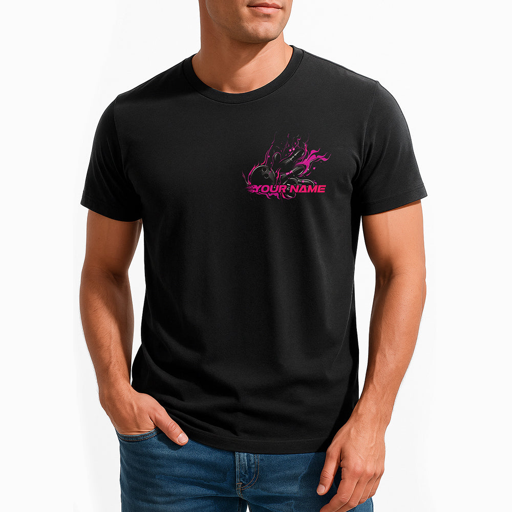 Custom Black And Pink Flame Strike Bowling T-Shirts For Men, Team Outfit IPHW9056