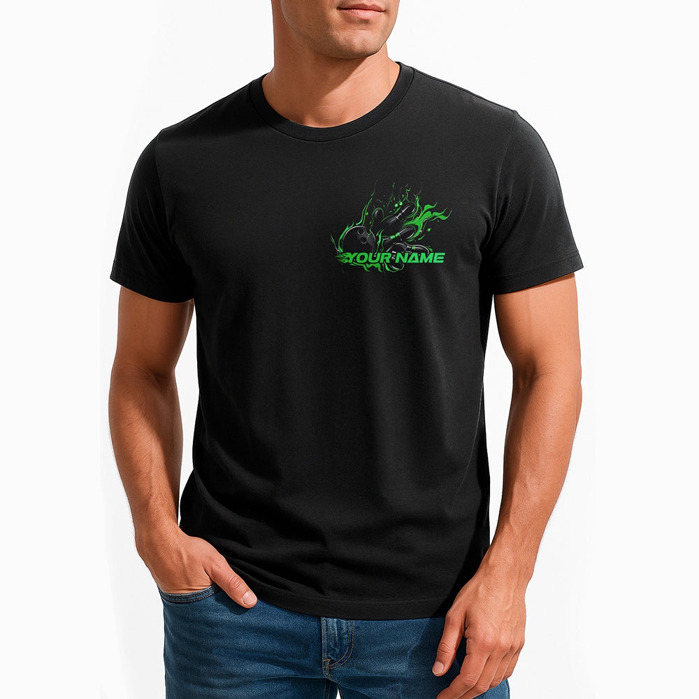 Custom Black And Green Flame Strike Bowling T-Shirts For Men, Unique Design IPHW9057