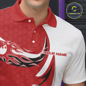 Custom White And Red Bowling Polo Shirts For Men, Flame Bowling Team Shirt IPHW9240