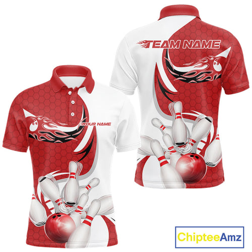 Custom White And Red Bowling Polo Shirts For Men, Flame Bowling Team Shirt IPHW9240