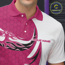Load image into Gallery viewer, Custom White And Pink Bowling Polo Shirts For Men, Flame Bowling Team Shirt IPHW9241