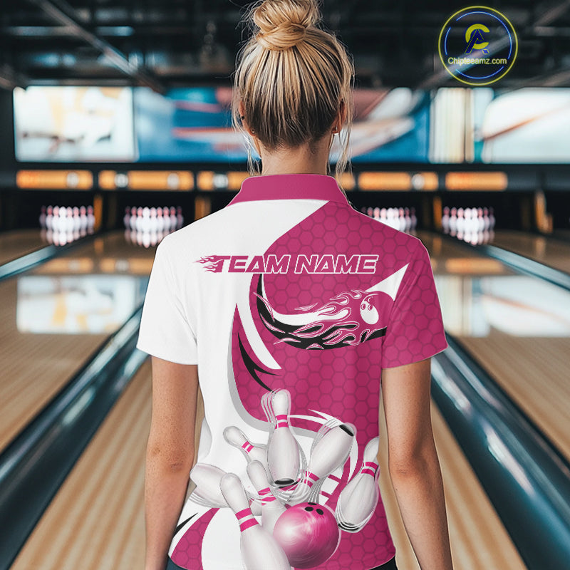 Custom White And Pink Bowling Polo Shirts For Women, Flame Bowling Team Shirt IPHW9241
