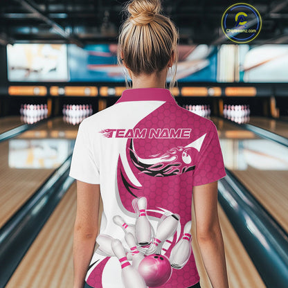 Custom White And Pink Bowling Polo Shirts For Women, Flame Bowling Team Shirt IPHW9241