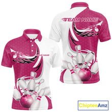 Load image into Gallery viewer, Custom White And Pink Bowling Polo Shirts For Men, Flame Bowling Team Shirt IPHW9241