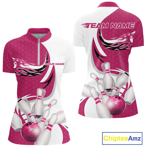 Custom White And Pink Bowling Quarter-Zip Shirts For Women, Flame Bowling Team Shirt IPHW9241