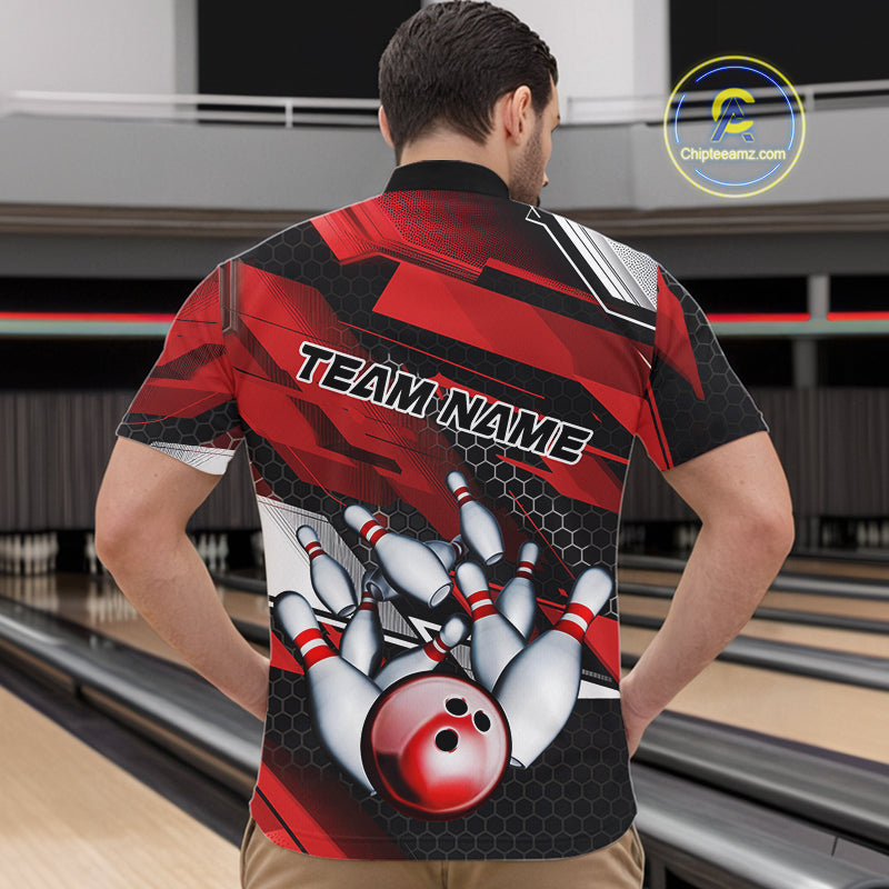 Custom Black And Red Hexagon Pattern Bowling Quarter-Zip Shirts For Men, Bowling Team Uniform IPHW9420