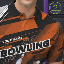 Load image into Gallery viewer, Custom Black And Orange Hexagon Pattern Bowling Polo Shirts For Men, Bowling Team Uniform IPHW9421