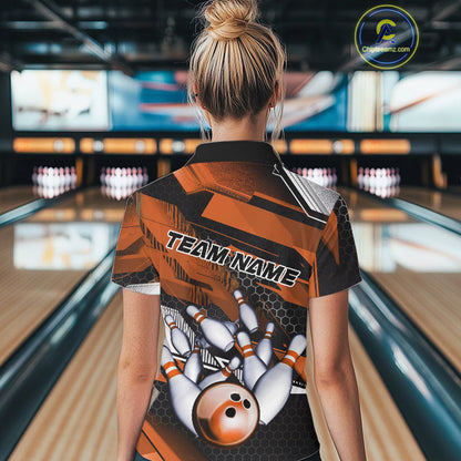 Custom Black And Orange Hexagon Pattern Bowling Women Polo Shirts, Bowling Team Uniform IPHW9421