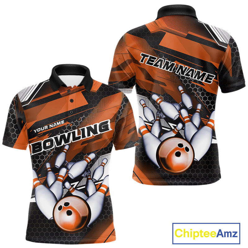 Custom Black And Orange Hexagon Pattern Bowling Polo Shirts For Men, Bowling Team Uniform IPHW9421