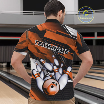 Custom Black And Orange Hexagon Pattern Bowling Quarter-Zip Shirts For Men, Bowling Team Uniform IPHW9421