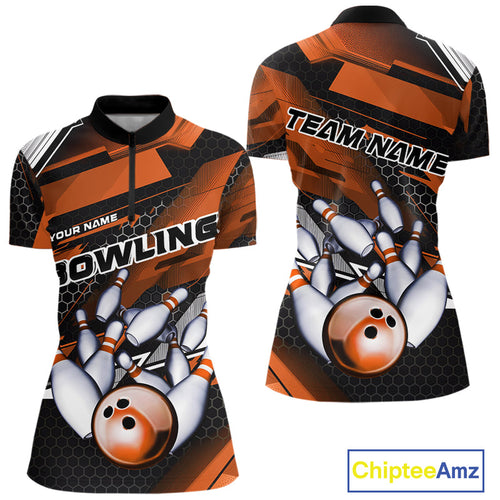 Custom Black And Orange Hexagon Pattern Bowling Women Quarter-Zip Shirts, Team Uniform IPHW9421