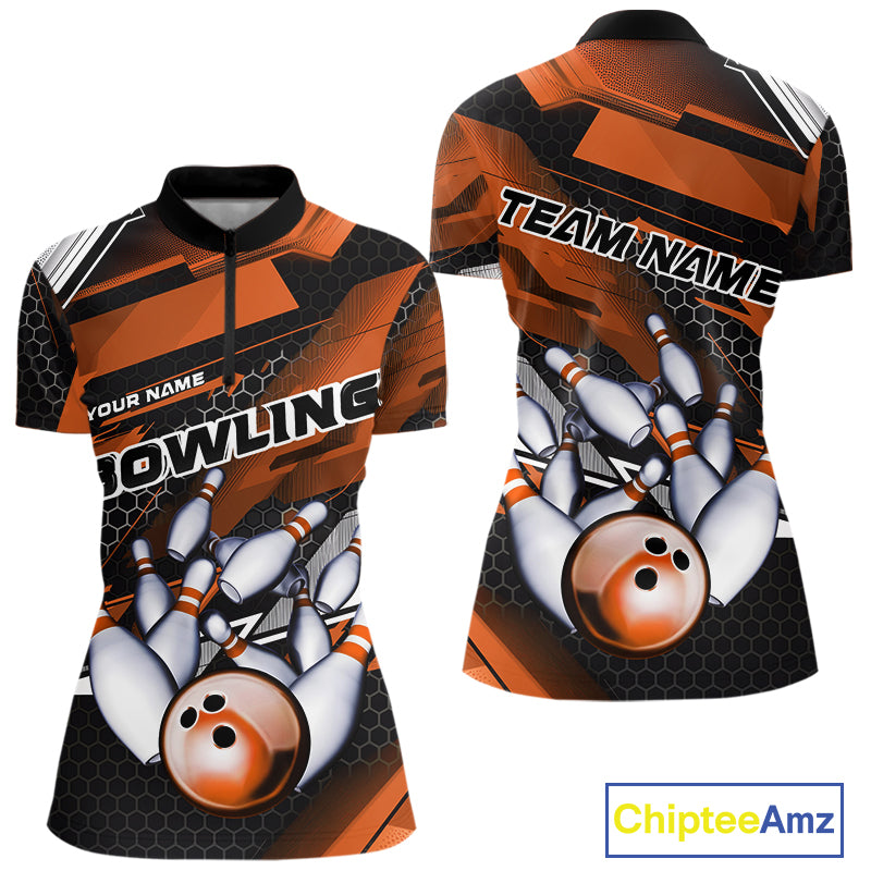 Custom Black And Orange Hexagon Pattern Bowling Women Quarter-Zip Shirts, Team Uniform IPHW9421