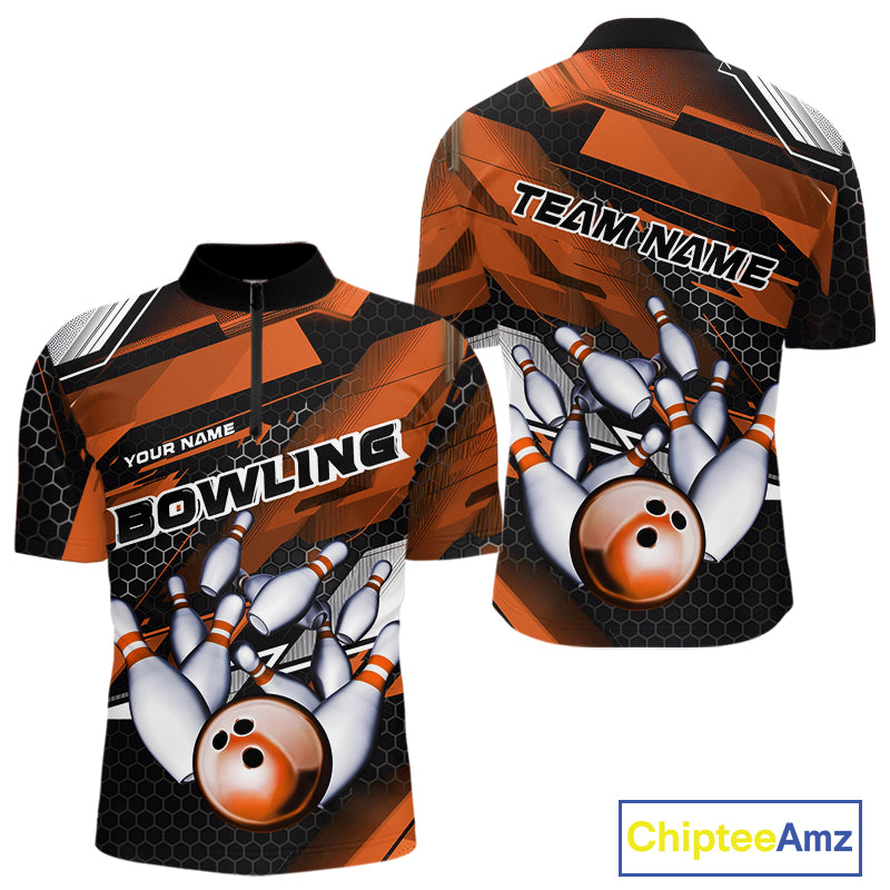 Custom Black And Orange Hexagon Pattern Bowling Quarter-Zip Shirts For Men, Bowling Team Uniform IPHW9421