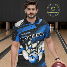 Load image into Gallery viewer, Custom Black And Blue Hexagon Pattern Bowling Polo Shirts For Men, Bowling Team Uniform IPHW9422
